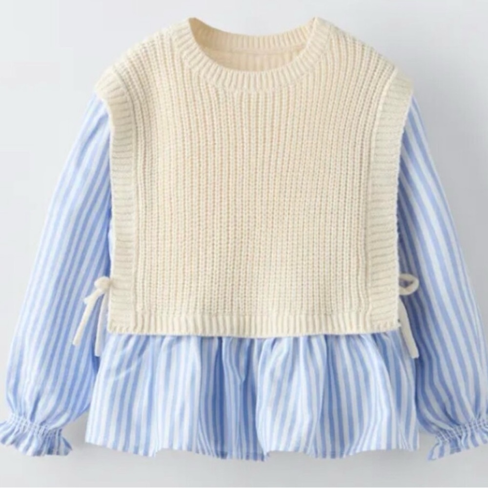 Zara Kids Blue Striped Top with Cream Knit Overlay Excellent Condition
